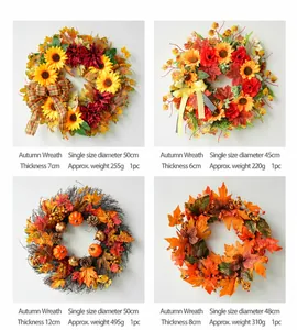 Detailed view of four autumn harvest wreaths with sunflowers, maple leaves, and pumpkins.