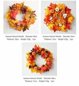 Detailed view of fall harvest wreaths showing dimensions, weights, and autumn leaf designs.