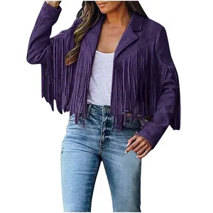 Stylish purple suede fringe jacket for women featuring long tassels and short slim fit