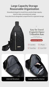Detailed view of the black quilted nylon sling bag internal structure and capacity
