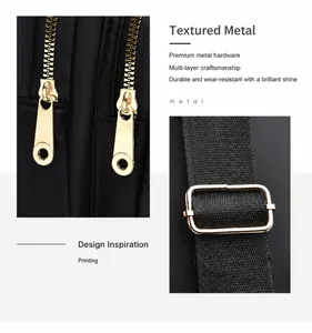 Close-up of high-quality gold hardware and adjustable buckle on black nylon bag