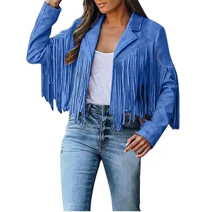 Detailed view of women's blue faux suede jacket featuring stylish fringe accents