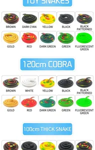 Detail view of realistic simulation toy snake variants in various colors and 120cm sizes