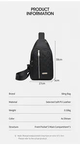 Detail of black quilted nylon sling bag with product specifications and dimensions guide