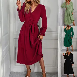 Women V Neck Long Sleeve Tiered Maxi Dress Solid Color Ruffle Hem A-Line Spliced Waist Tie Casual Party Elegant Polyester Dress