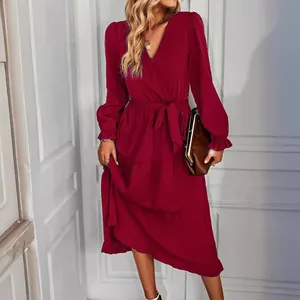 Elegant wine red V-neck long sleeve casual dress with tie-waist and ruffled hemline