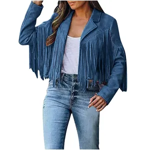 Detail view of the blue suede fabric and long fringes on this western style jacket