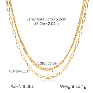 Detailed view of 18k gold plated stainless steel double layer necklace with measurements