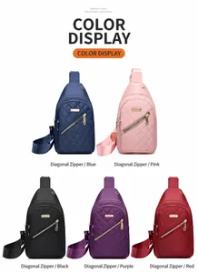 Five stylish color options for the embroidered nylon chest bag with diagonal zipper.