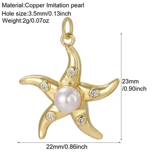 Detailed view of a gold-plated starfish pendant with a central pearl and rhinestone accents for DIY