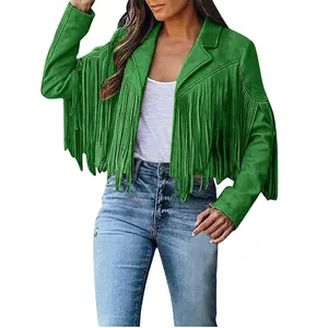 Detailed view of women's green suede cropped jacket with fringe fashion style