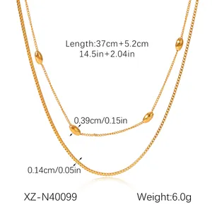 Detailed view of 18k gold-plated double-layer necklace with size and weight info.