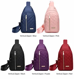 Detailed view of quilted nylon sling bags in five colors: blue, pink, black, purple, red