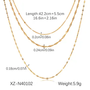 Close-up of triple-layered 18k gold-plated stainless steel chain necklace with size dimensions