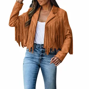 Tan suede women's jacket with long fringe detailing and lapel collar detail view