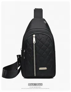 Black quilted nylon chest bag featuring vertical zipper and gold-toned metal hardware