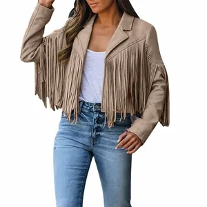 Stylish women's short faux suede jacket with long fringe detailing in tan for autumn wear