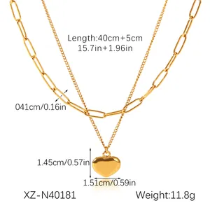Detailed dimensions of 18k gold plated double layer necklace with heart pendant