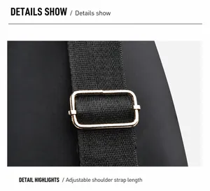Close-up detail of the adjustable gold metal buckle and nylon strap on a black chest bag