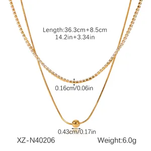 Double-layered 18k gold plated stainless steel necklace with bead and tennis chain detail