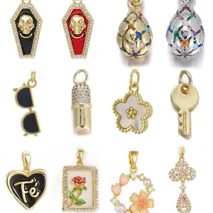 DIY Jewelry Accessory Copper Gold Plated Enamel Rhinestone Pendant For Keychain Necklace Heart Star Skull Flower Charms