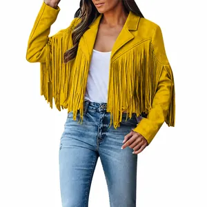 Detail view of the vibrant yellow suede cropped jacket featuring classic western-style fringes