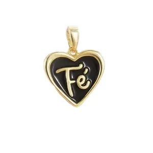 Gold plated heart pendant featuring black enamel with 'Fé' design for jewelry DIY