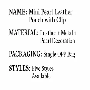 Especificaciones del llavero mini bolso de cuero con perlas, material y empaque.