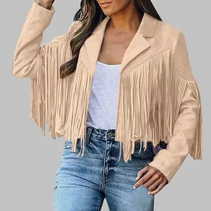 Detail of tan faux suede cropped jacket with long fringe accents on front and sleeves