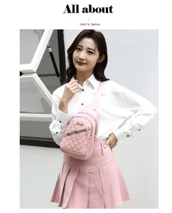 Close-up detail of a stylish pink quilted nylon chest bag worn by a model for travel