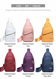 Women's quilted nylon sling bag shown in six colors with diagonal zipper details