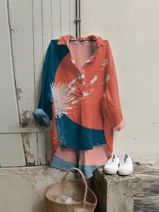 Tunique en lin artistique pour femmes avec silhouettes de chats et imprimé soleil