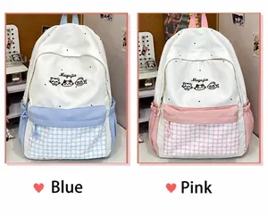 Comparison of blue and pink cute embroidered backpacks featuring contrast plaid design