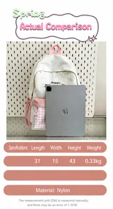 Detailed size and material info for the cute embroidered nylon school backpack.