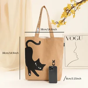 Detail view of bohemian cork tote bag featuring black cat print and exact dimensions