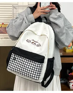 Cute embroidered white and black backpack with plaid pattern for students