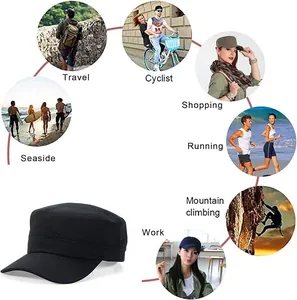 Versatile black military cap shown in various outdoor scenarios like hiking and seaside