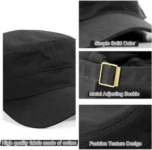 Detailed views of high quality cotton cadet hat with metal adjusting buckle and solid color