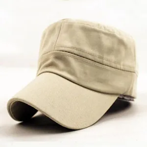 Detailed close-up view of a classic khaki flat top military cadet cap in soft cotton fabric