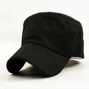 Close-up detail of a classic black flat-top cotton military cap for outdoor sun protection.