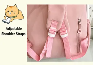 Close-up detail view showing the adjustable pink shoulder straps on a school backpack.