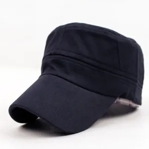 Side profile detail of a classic navy blue minimalist cotton military flat top cap