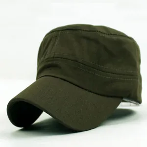 Detailed side view of a classic olive green cotton flat top military cap for unisex.