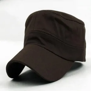 Close-up side view of a classic dark brown cotton flat top military cap for outdoor sun protection
