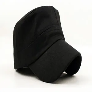 Close-up detail view of a classic black flat top military cap for outdoor leisure use