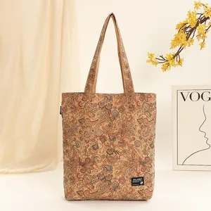 Eco-friendly cork tote bag with vintage bohemian floral pattern for women's daily use