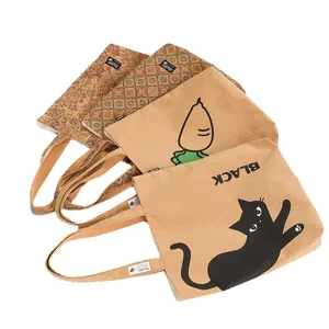 Eco-friendly bohemian cork tote bags featuring cat and vegetable prints for daily commute