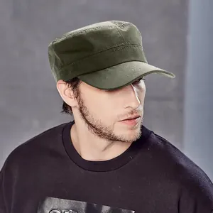 Stylish olive green flat top military cap for men and women, perfect for casual outdoor wear