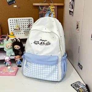 Cute Cat Embroidery School Backpack Large Capacity Color Block Plaid Student Backpack Waterproof Casual Travel Nylon Daypack