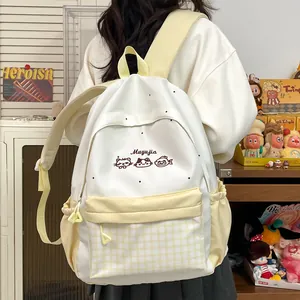 Cute cream and yellow backpack with cat embroidery and checkered pocket for school girls